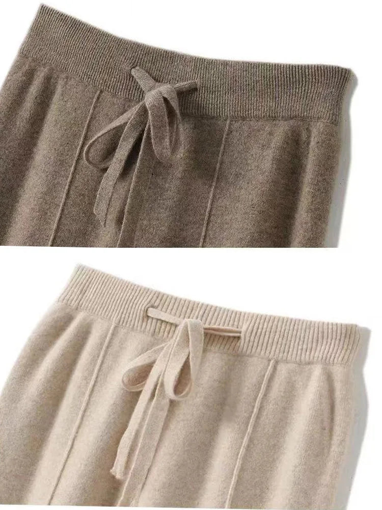 Pantalon tricoté taille haute et jambes larges en cachemire 100 % - Doux et chaud