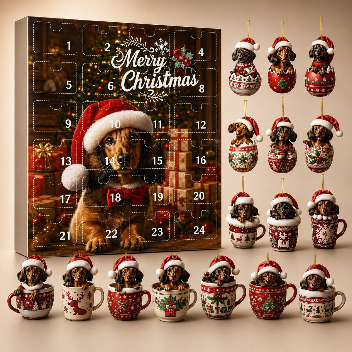 Calendrier de l'Avent 2026 sur le thème du teckel avec 24 surprises festives pour les amoureux des chiens