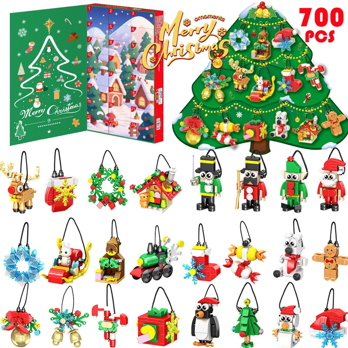 Christmas Ornament Advent Calendar, 24 Mini Brick Builds with Hanging Cords, 700 Pieces