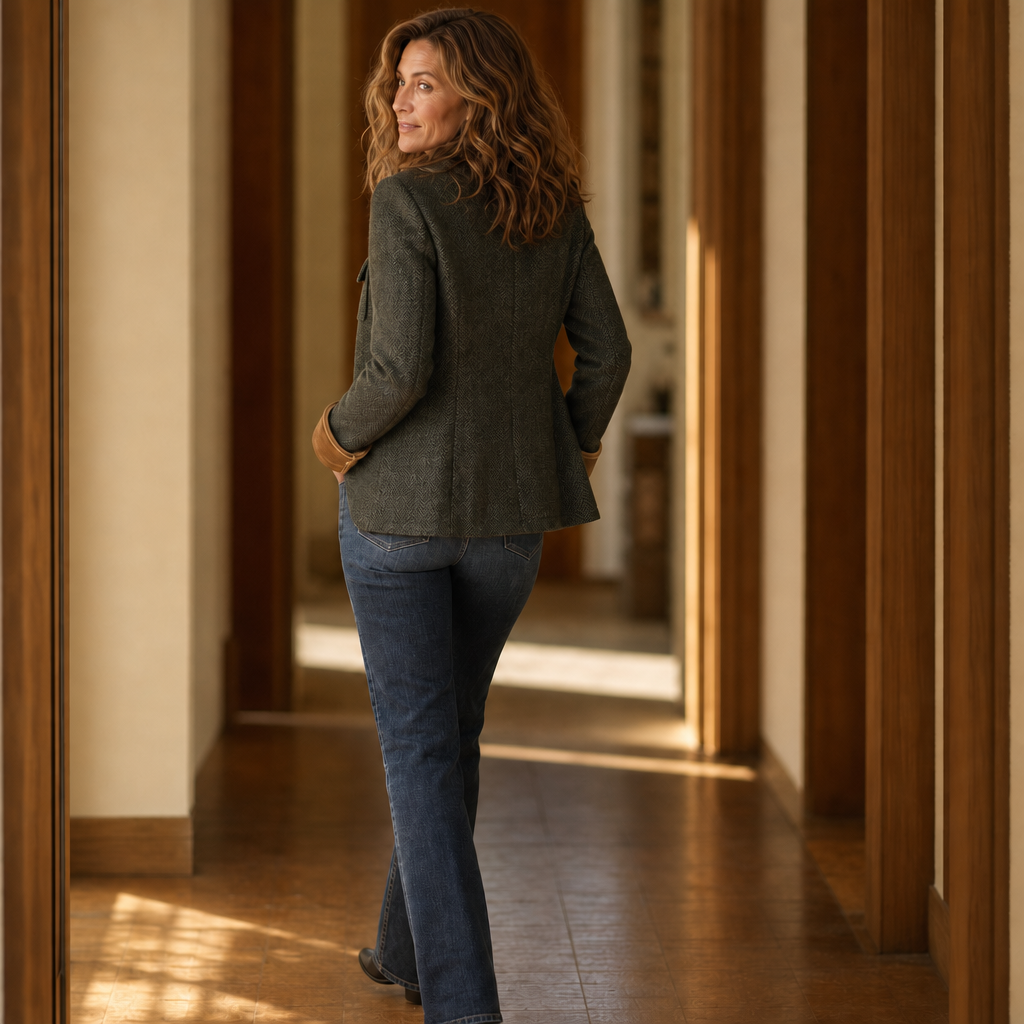 Contrast-Trim Herringbone Structured Blazer