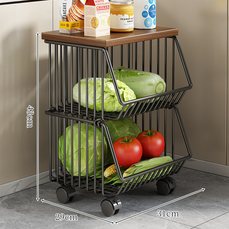 Countertop Metal Wire Fruit and Vegetable Storage Rack with Wooden Top