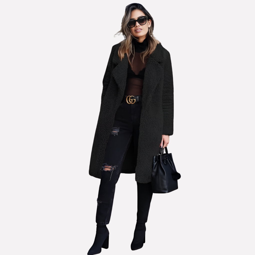 Davy | Women's Long Teddy Coat with Notched Collar
