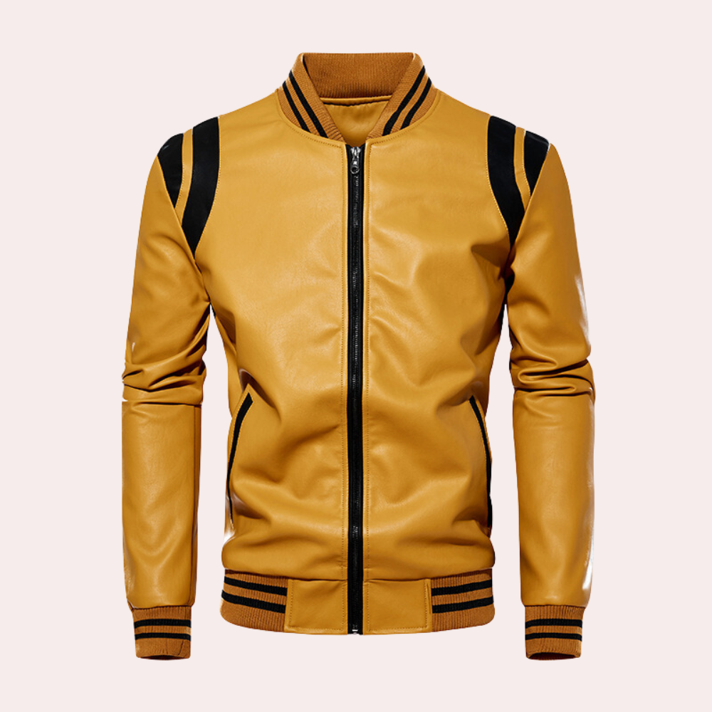 Blouson aviateur en cuir avec fermeture éclair et rayures sportives