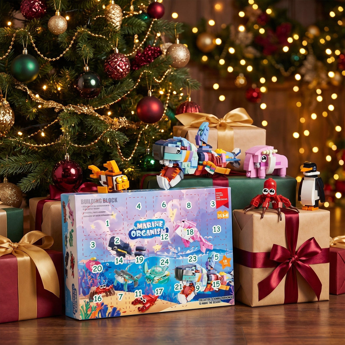 Marine Animal Building Block Advent Calendar, 24 Mini Kits, 12-in-1 Sea Creature