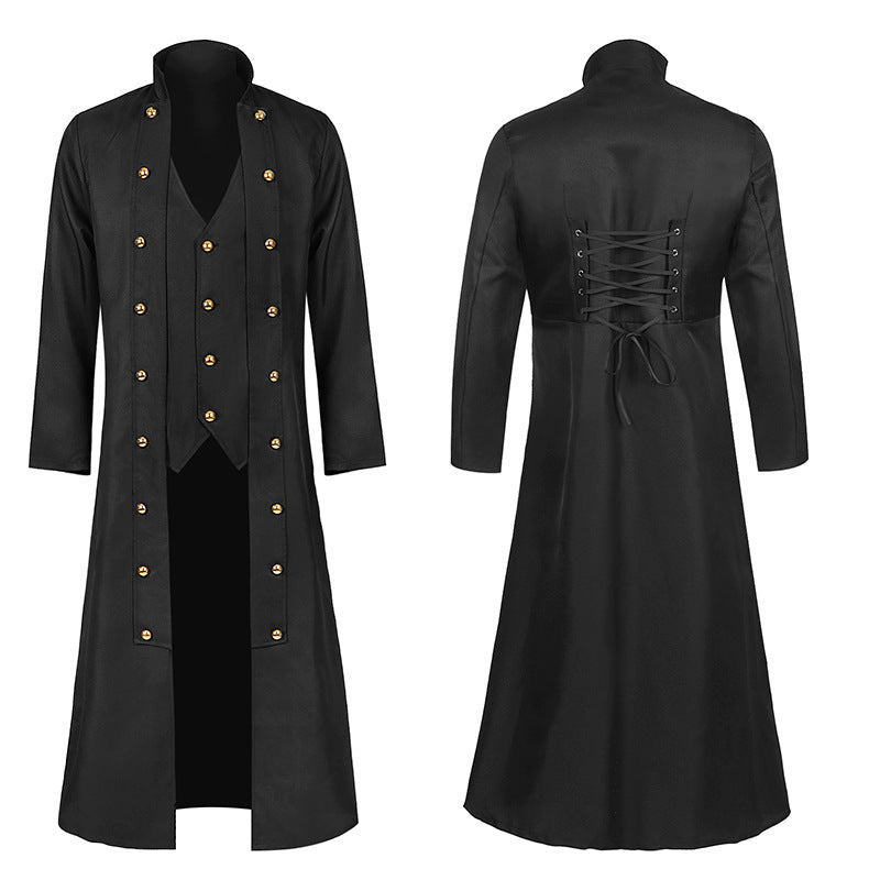 Men's Fitted Frock Coat with Integrated Vest, Back Lace-Up Waist, and Double-Row Decorative Buttons