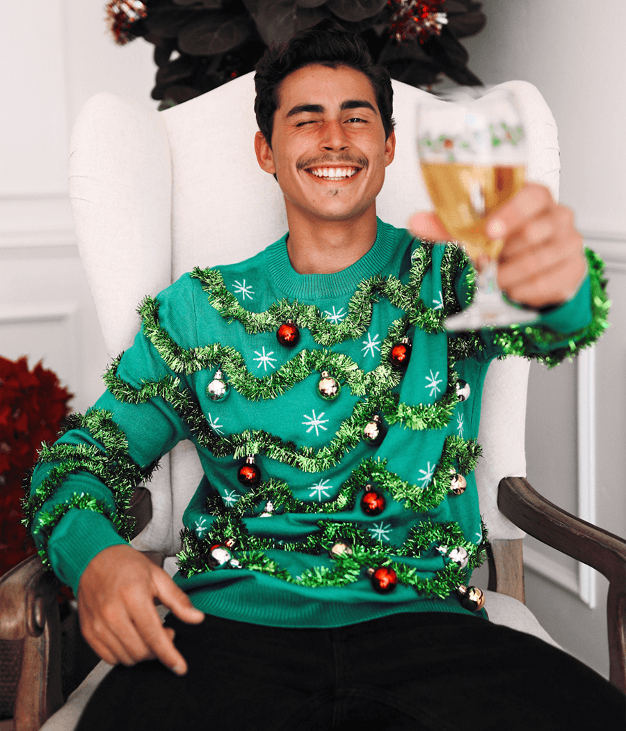 Men's Green Christmas Tree Sweater with Tinsel Garland and Shiny Baubles