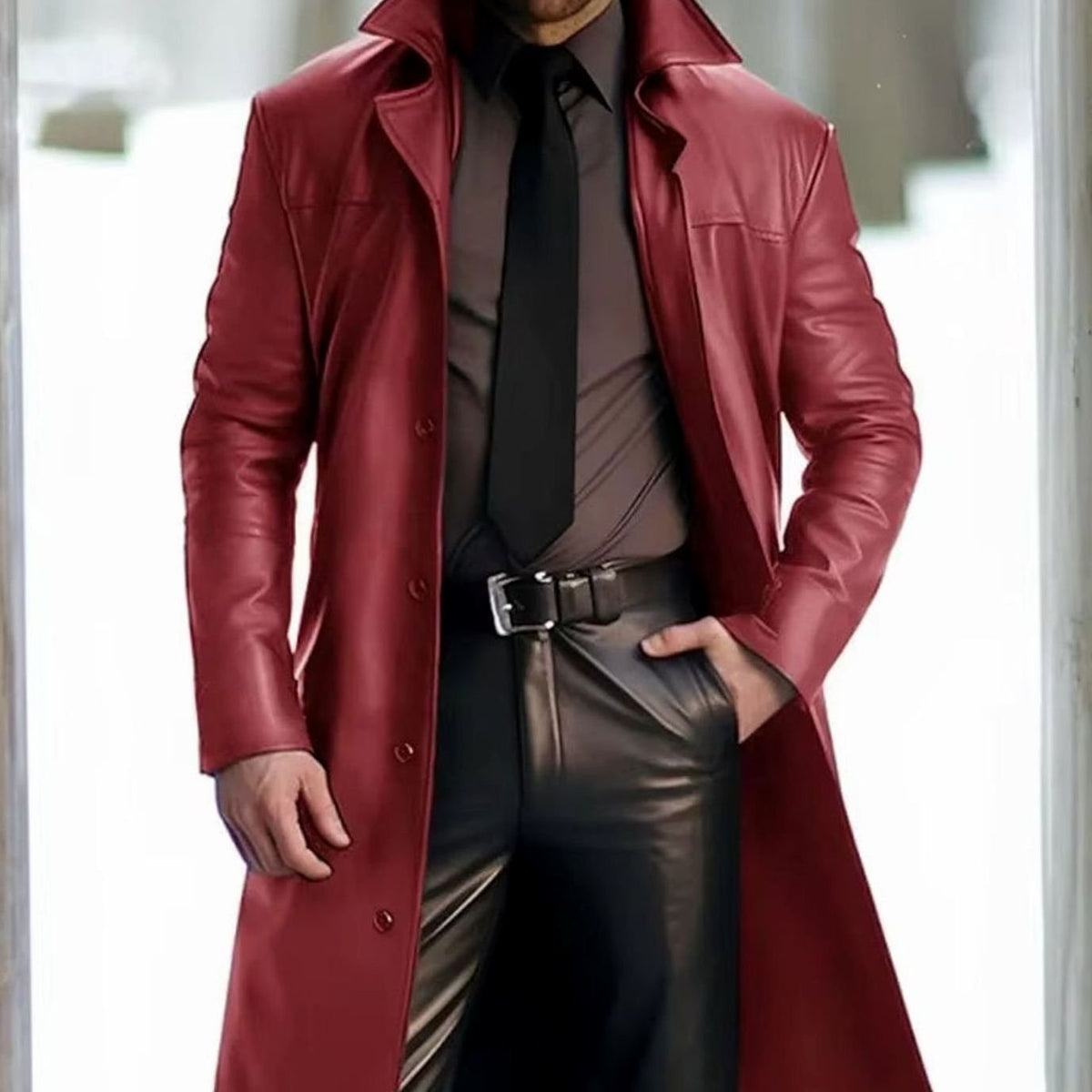 Trench-coat long pour homme en similicuir avec boutonnage sur le devant