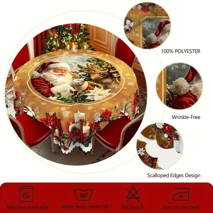 Nappe de Noël ronde avec bords festonnés et motif festif de poinsettias