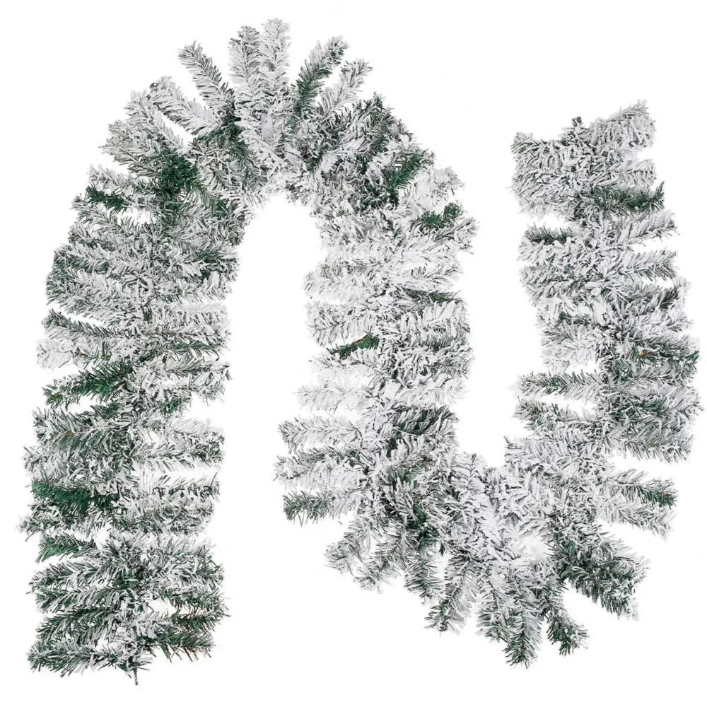 Snow-Flocked Artificial Christmas Garland for Stairs and Fireplace with Bendable Wire
