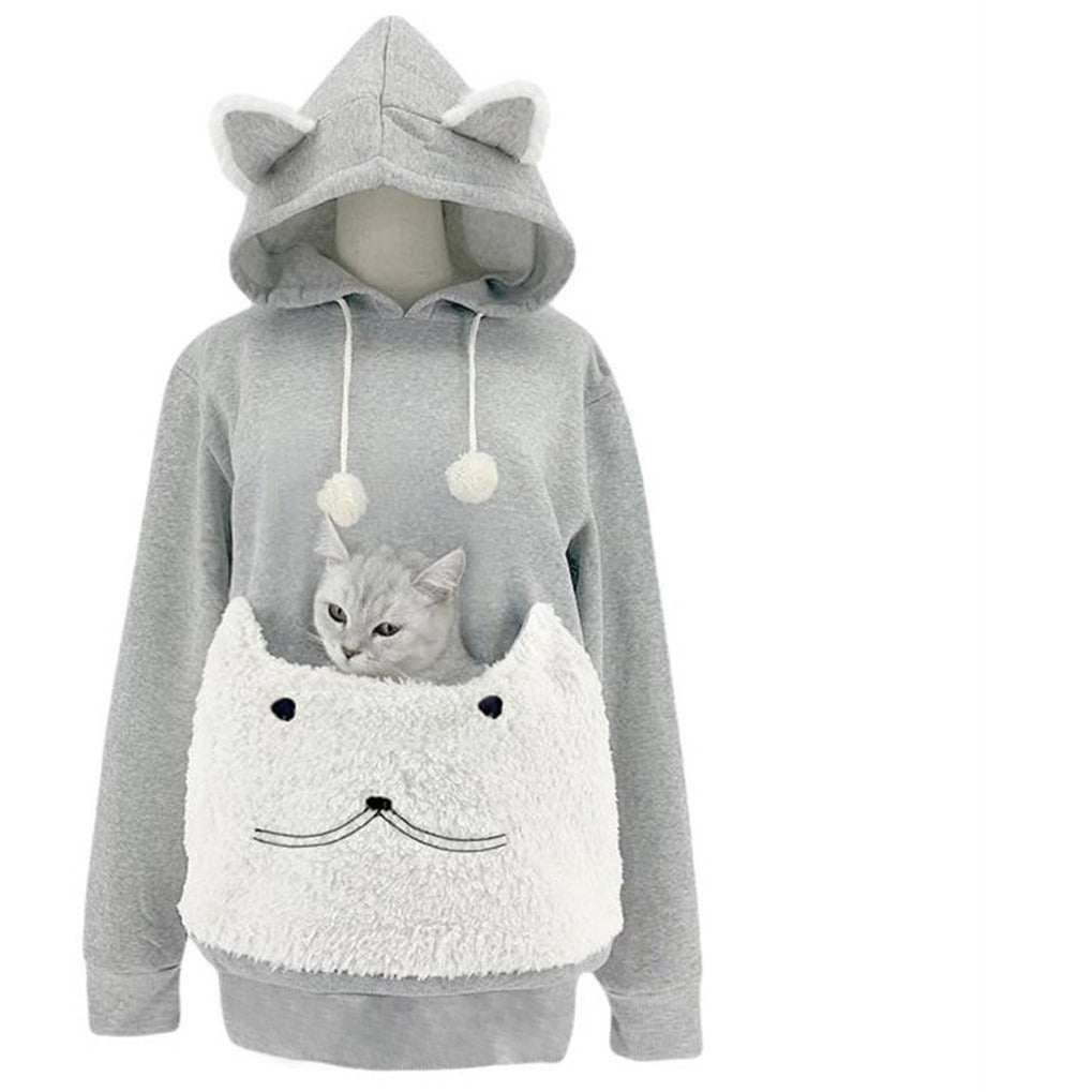 Sweat à capuche douillet pour femme avec motif chat et poche kangourou pratique