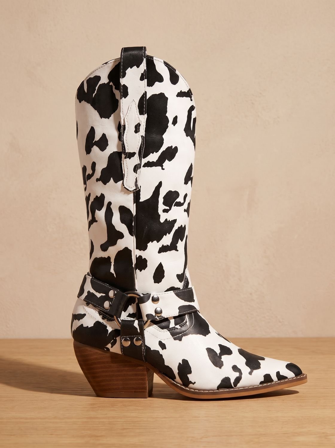 Women's Cow-Print Block-Heel Pointed-Toe Western Cowboy Boots