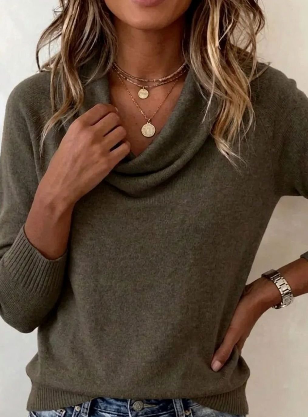 Women's Cowl Neck Long Sleeve Soft Knit Sweater