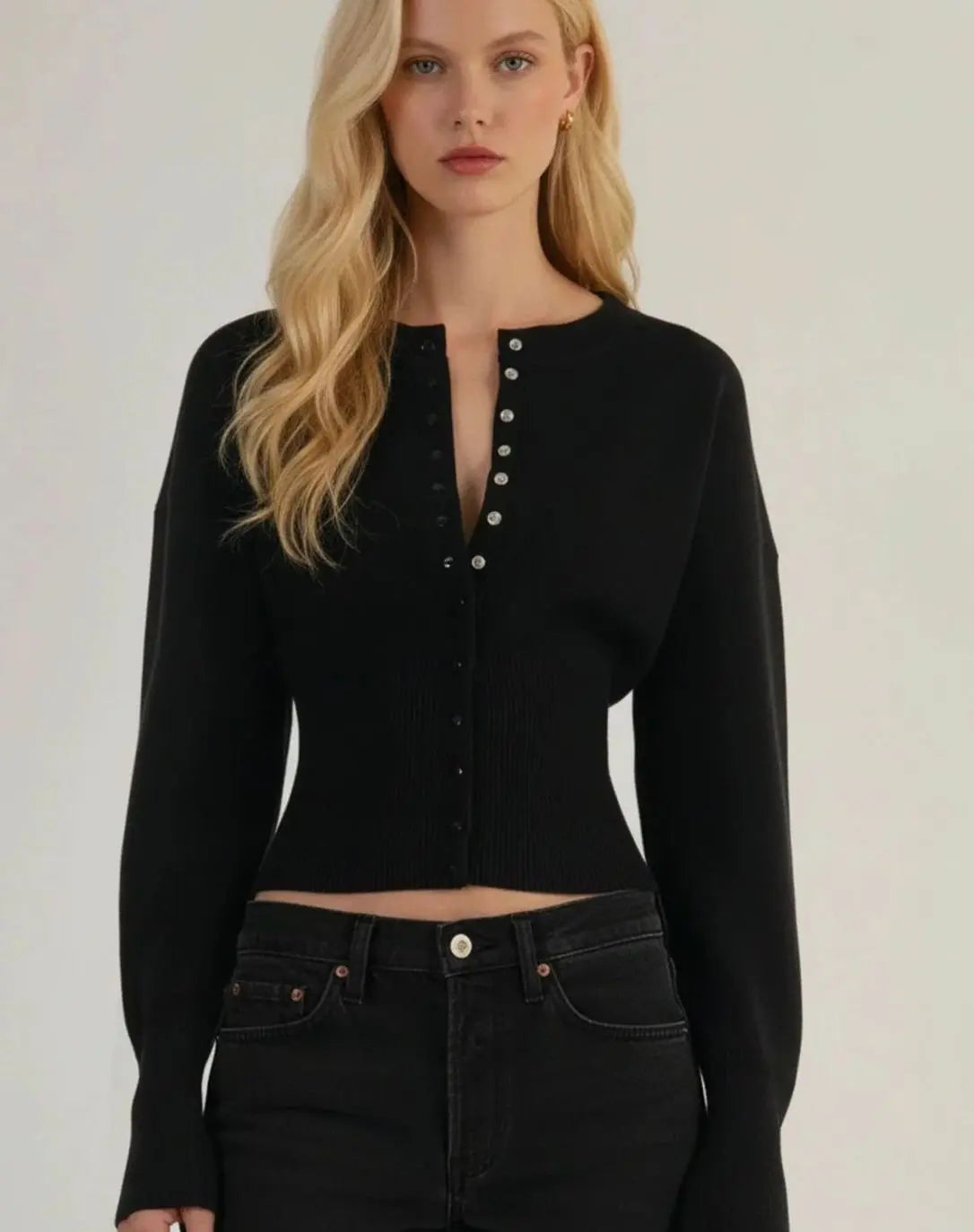 Cardigan court pour femme en maille côtelée, à manches longues