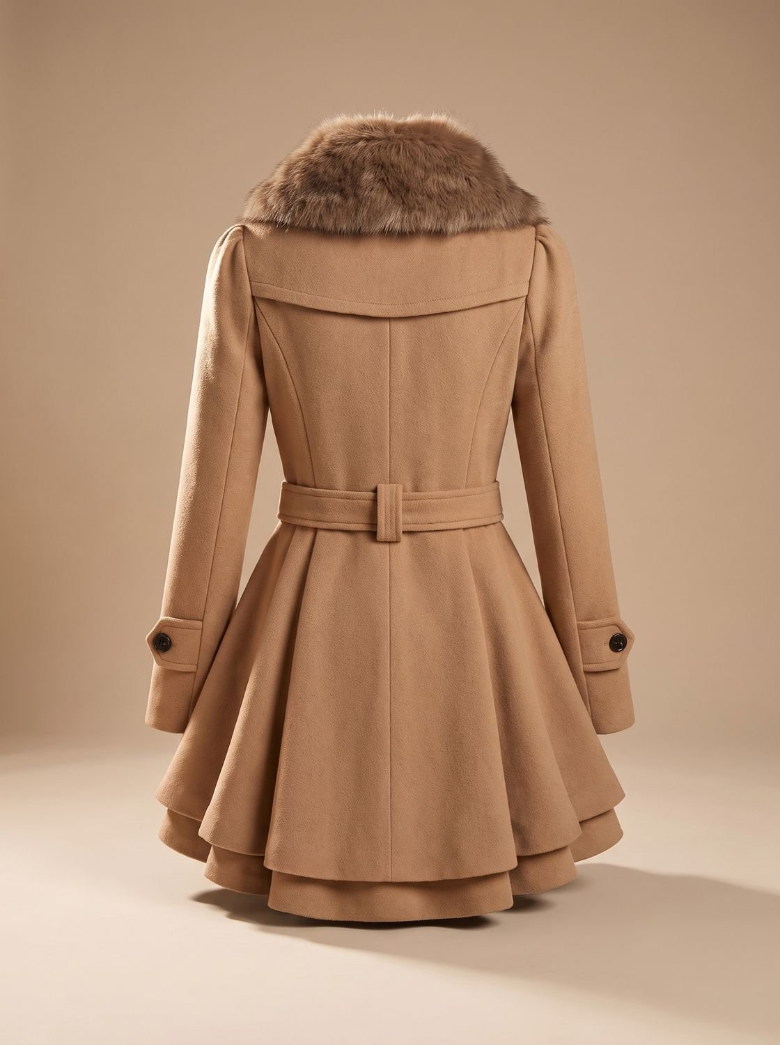 Women's Double-Breasted Belted Wool Overcoat with Faux Fur Collar