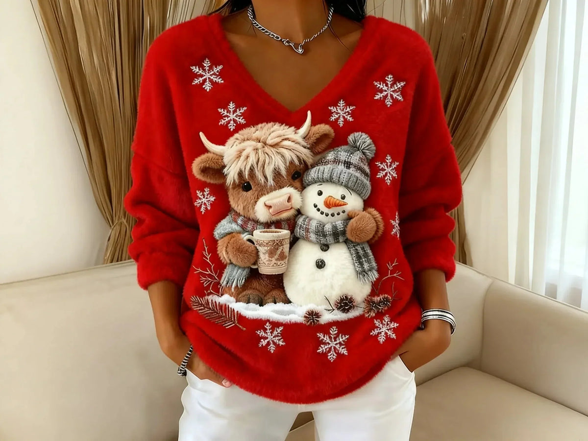 Women's Festive Christmas Sweater with Reindeer and Snowman Motifs | Warm Holiday Knit Sweater