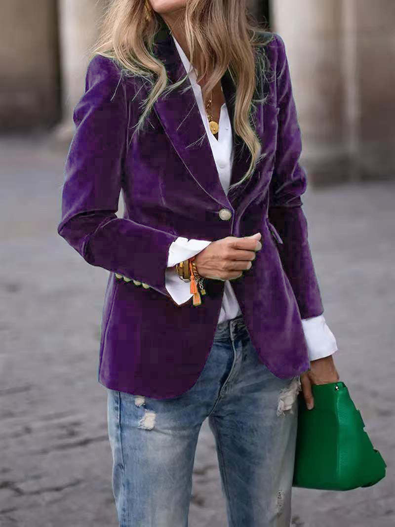 Women's Fitted Velvet Blazer with Lapel Collar and Gold Decorative Buttons