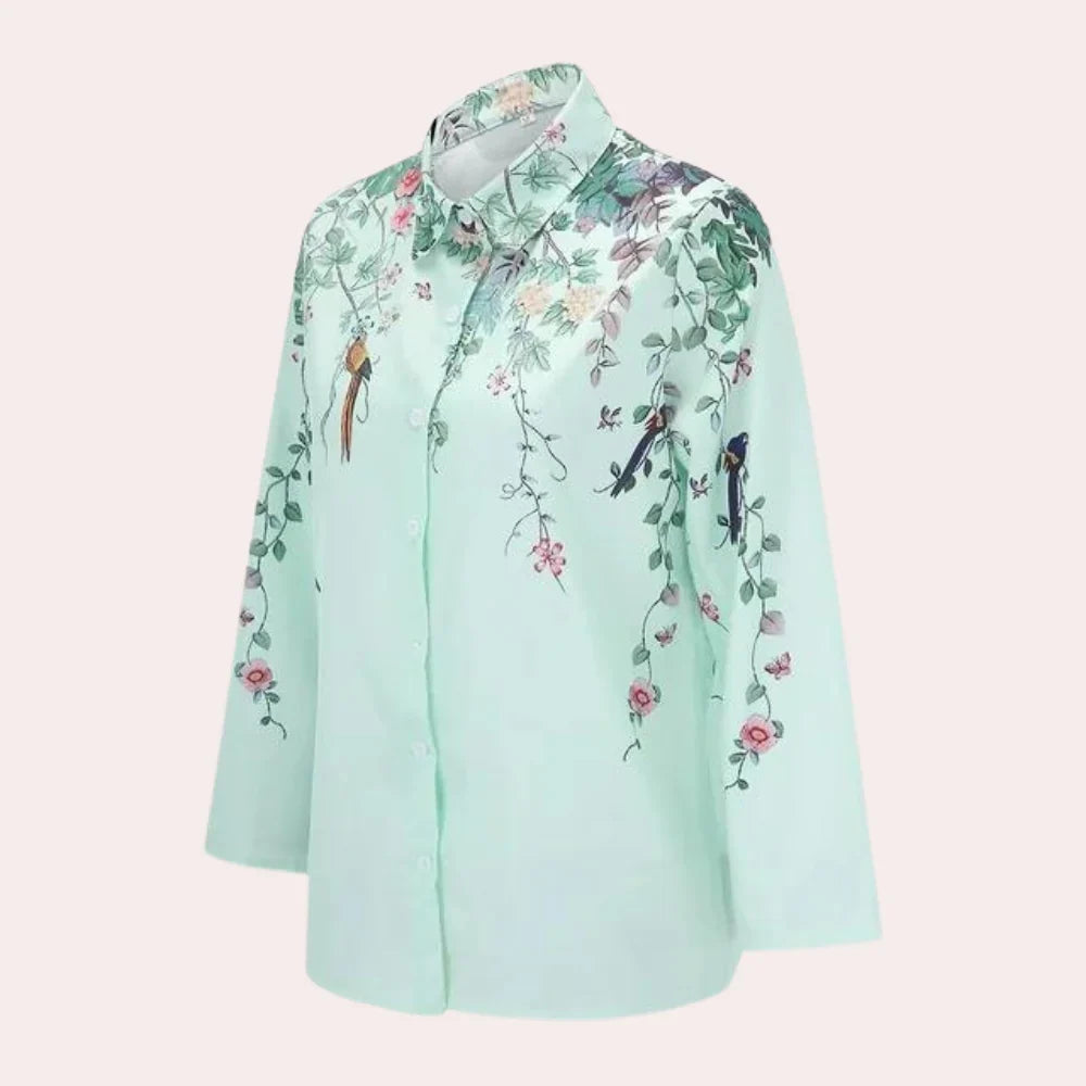 Women's Floral Bird Print Button-Up Collared Blouse