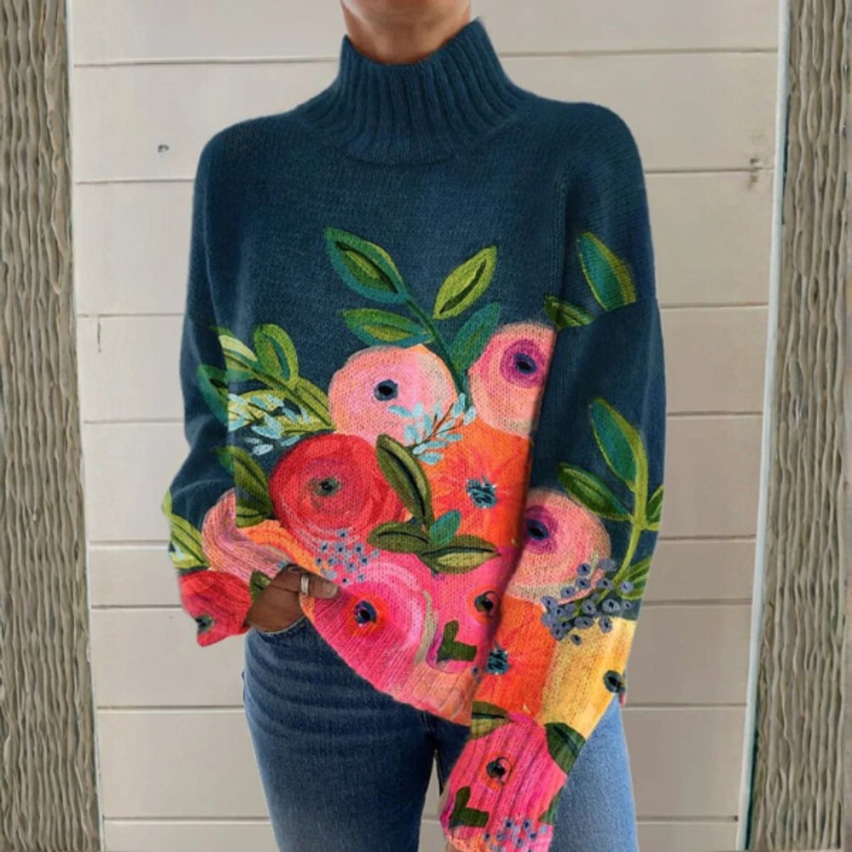 Women's Floral Print Relaxed-Fit Knit Turtleneck Sweater