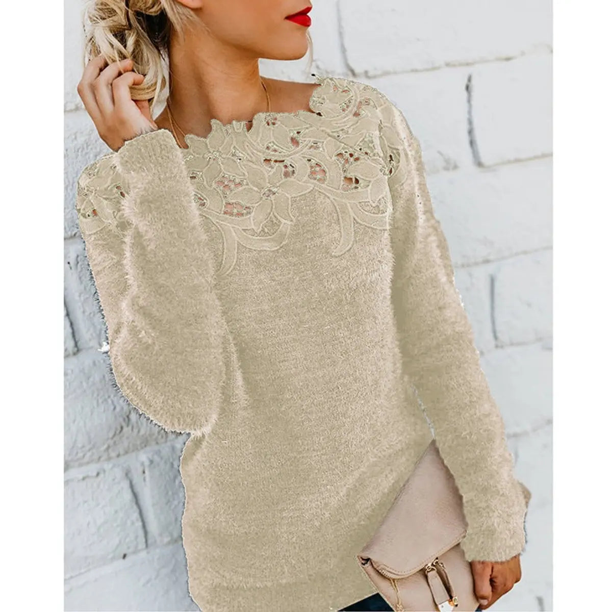 Women's Fluffy Knit Jumper with Floral Lace Neckline - Long Sleeve Top