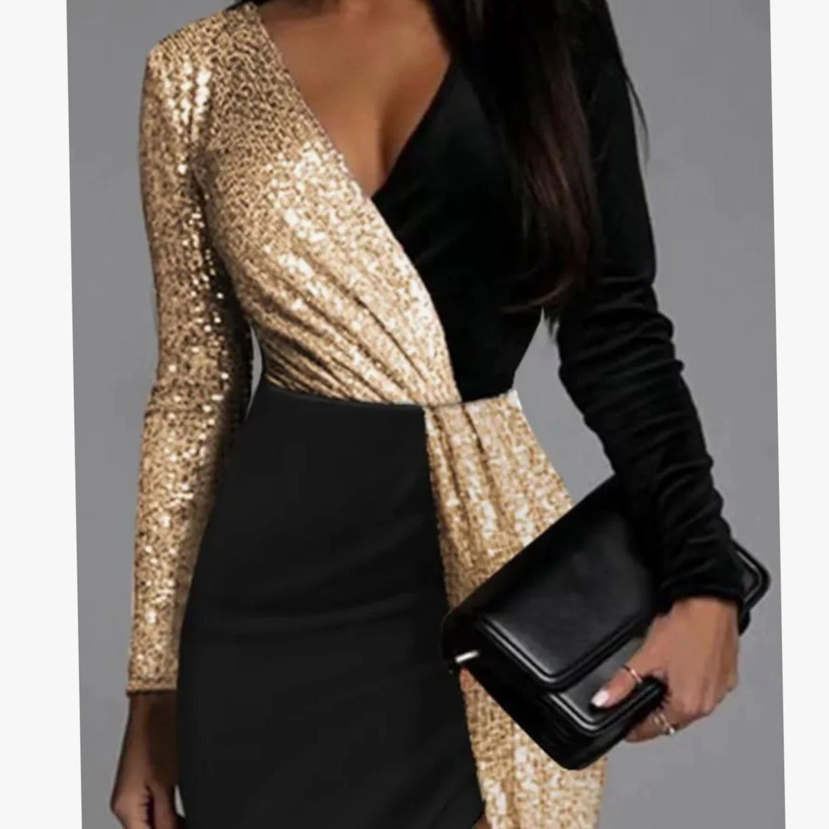 Women's Gold Sequin Color-Block Long-Sleeve Christmas Party Dress