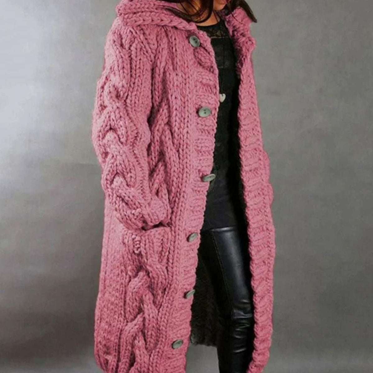 Women's Hooded Cable-Knit Long Button-Front Cardigan Sweater Coat