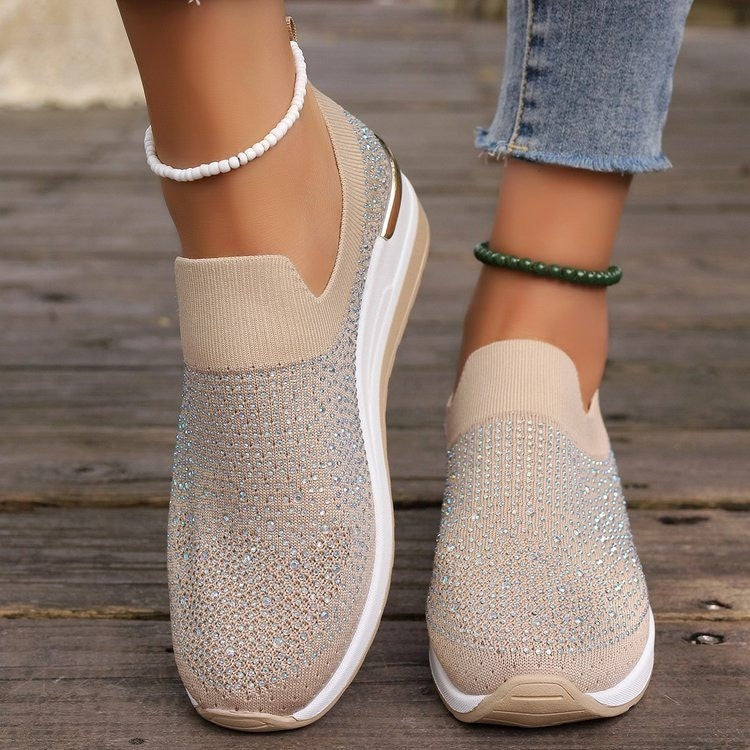 Women's Knit Slip-On Sneakers with Rhinestone Trim, Elastic Entry, and Cushioned Platform Sole