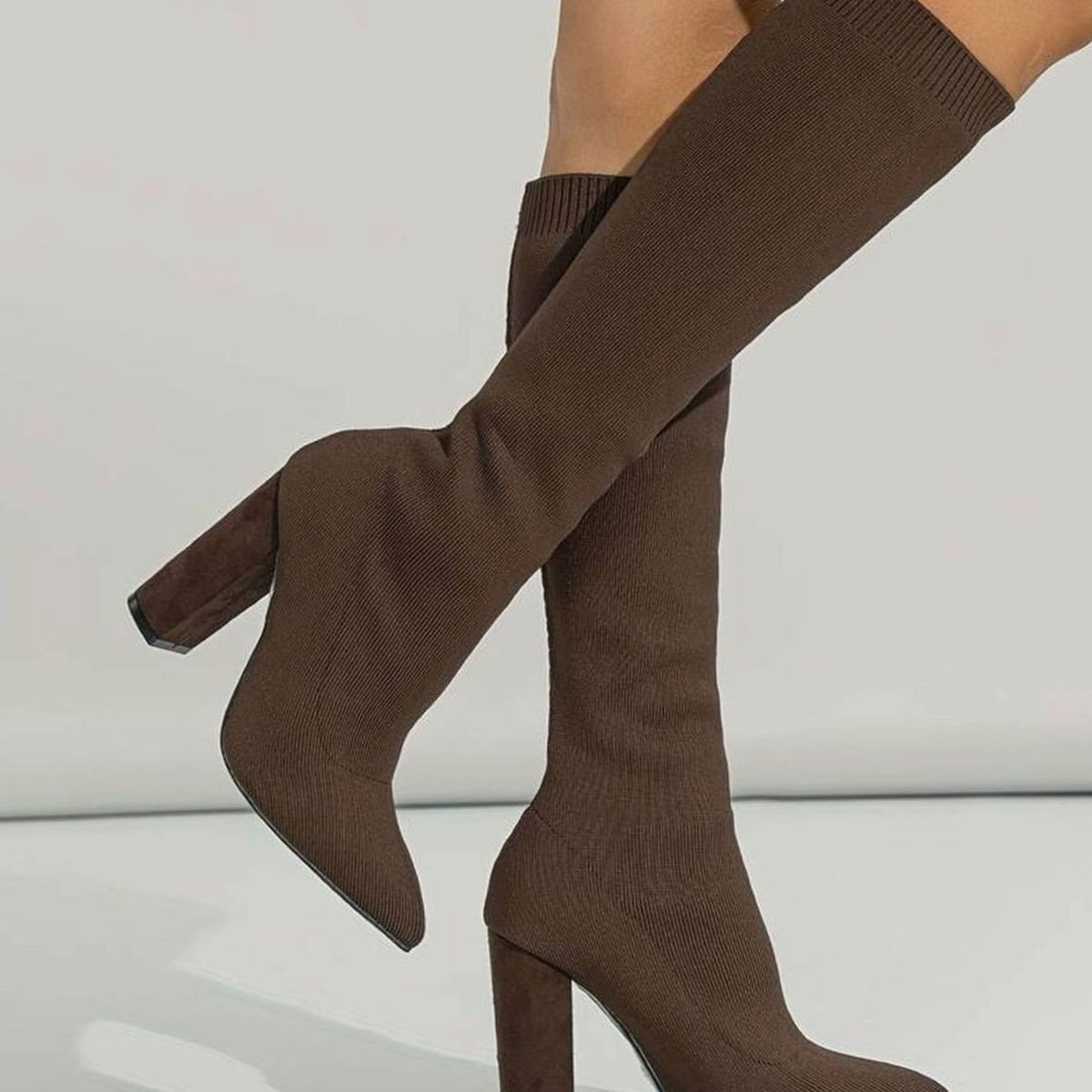Women's Knitted Knee-High Sock Boots with Block Heel and Pointed Toe