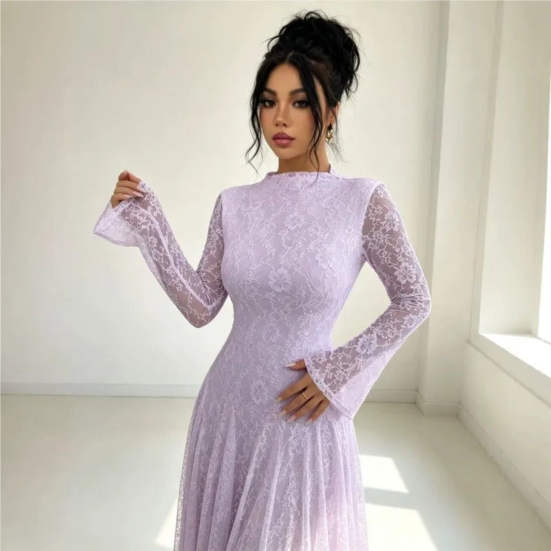 Robe de cérémonie trapèze pour femme, en tulle pailleté à manches longues
