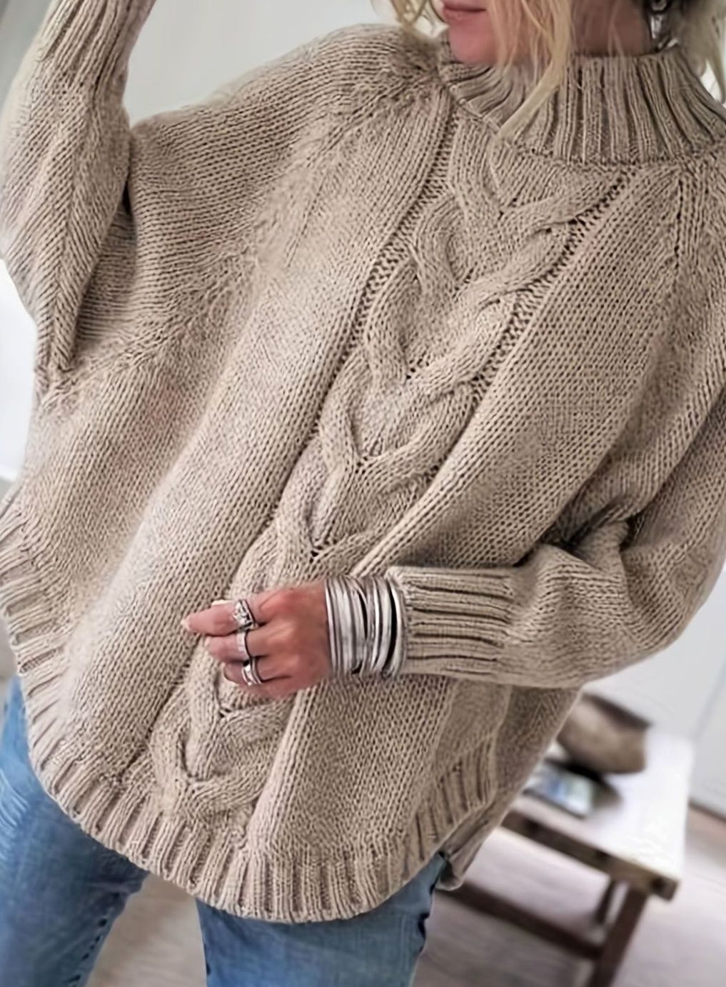 Women's Oversized Cable Knit High-Neck Sweater