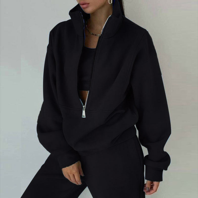 Women's Oversized Crop Half-Zip Sweatshirt and Joggers Set in Soft French Terry