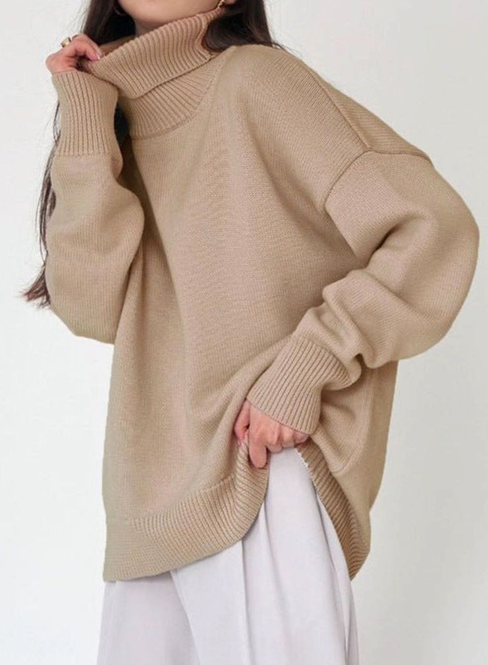 Women's Oversized Turtleneck Ribbed Knit Pullover Sweater