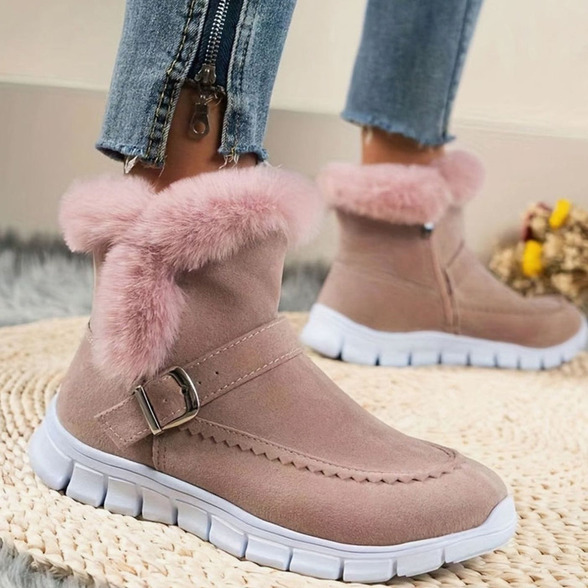 Bottes de neige montantes pour femmes à boucle et bordure pelucheuse