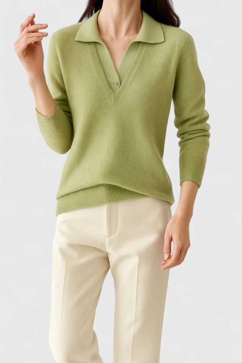 Women's Polo Collar V-Neck Knit Pullover Sweater with Button Cuffs