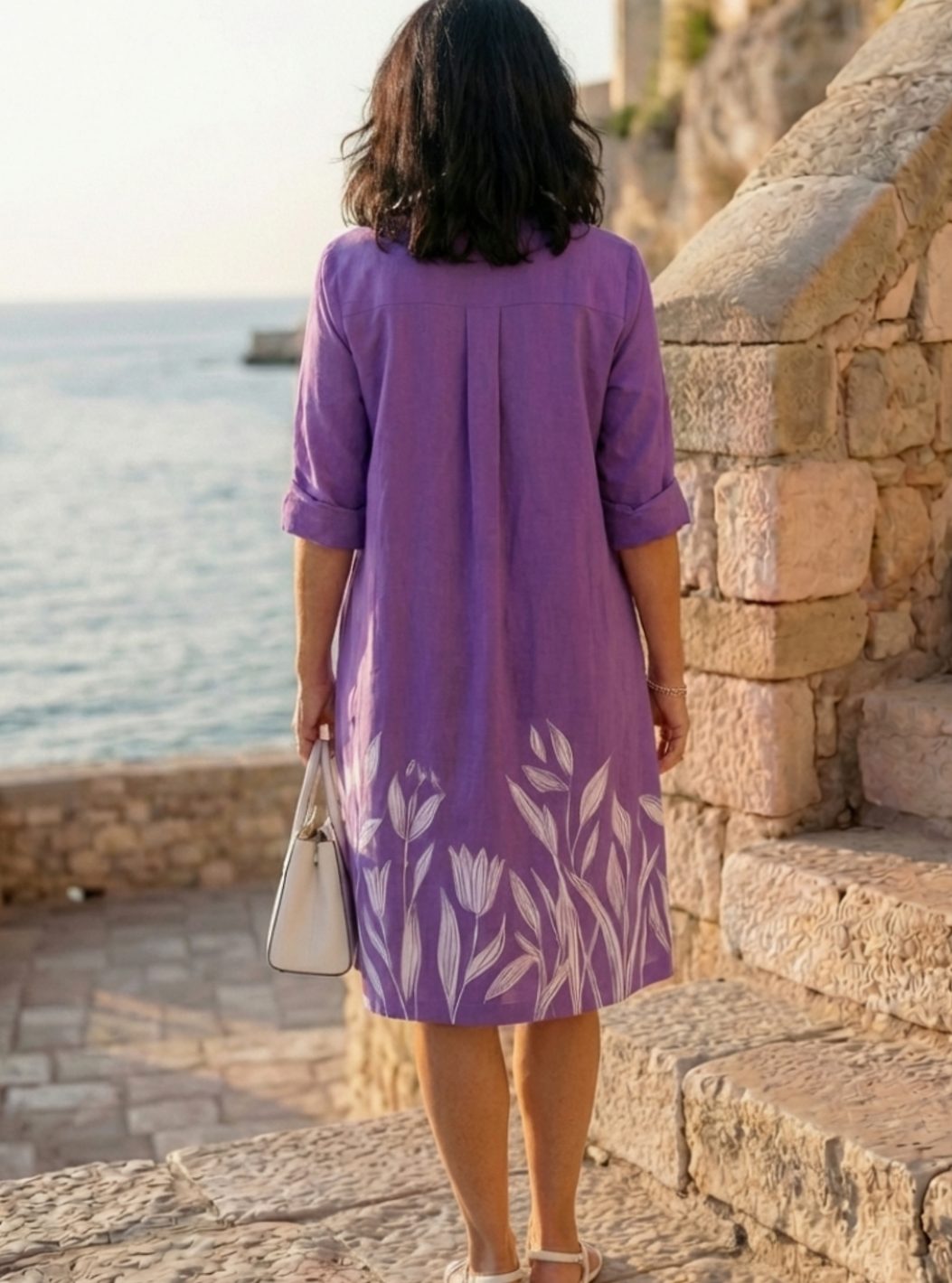 Robe-chemise pour femme à coupe décontractée, col et imprimé botanique