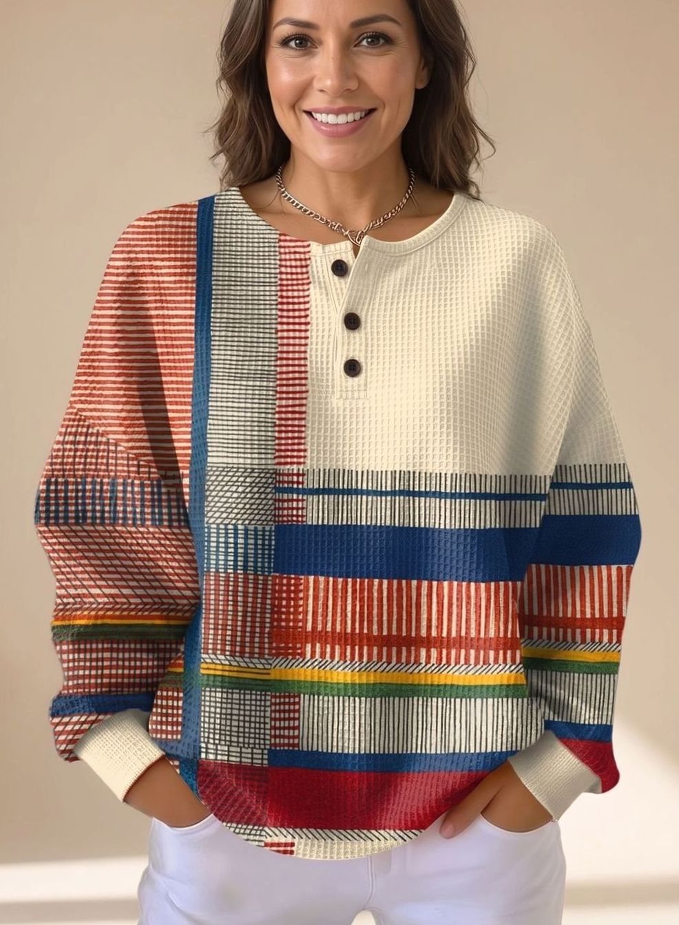 Women's Relaxed-Fit Colorblock Waffle-Knit Henley Sweater