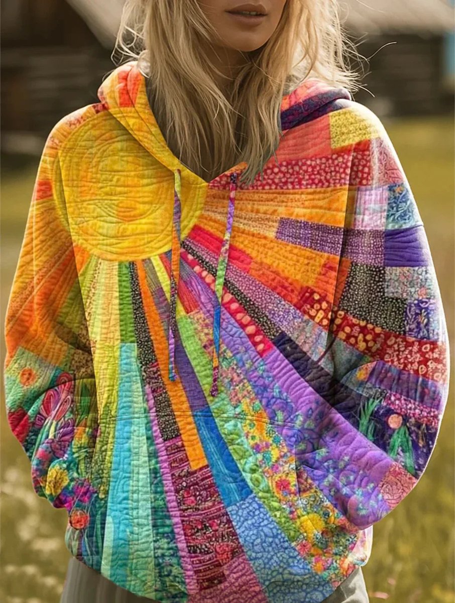 Women's Relaxed-Fit Patchwork Quilted Sun-Print Hoodie Sweatshirt