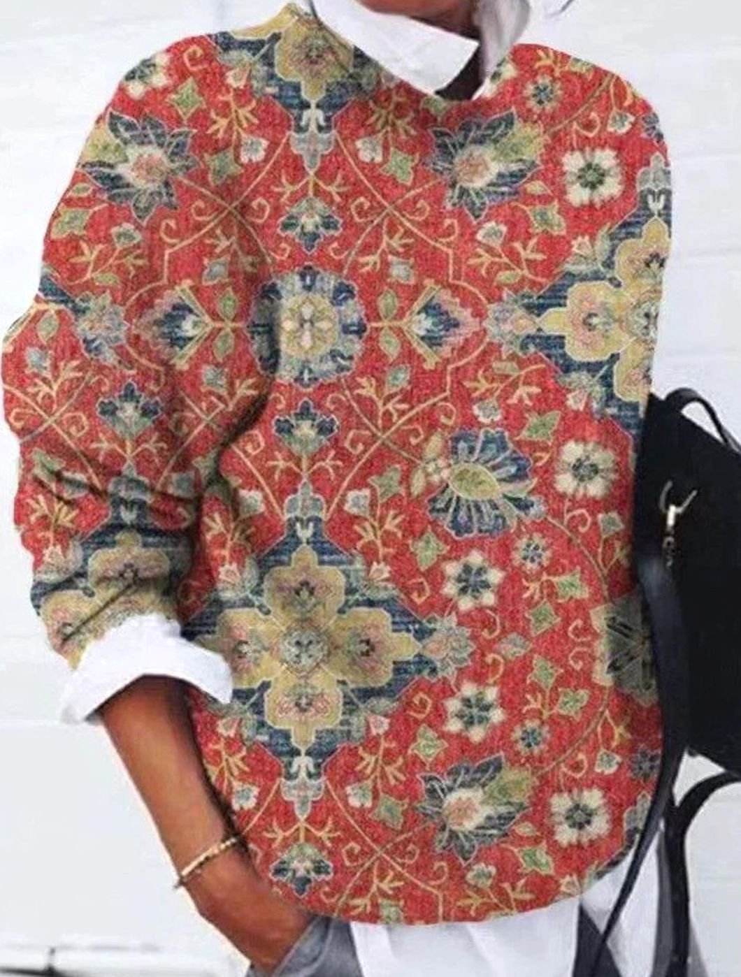 Pull rétro en maille à fleurs et manches longues pour femme