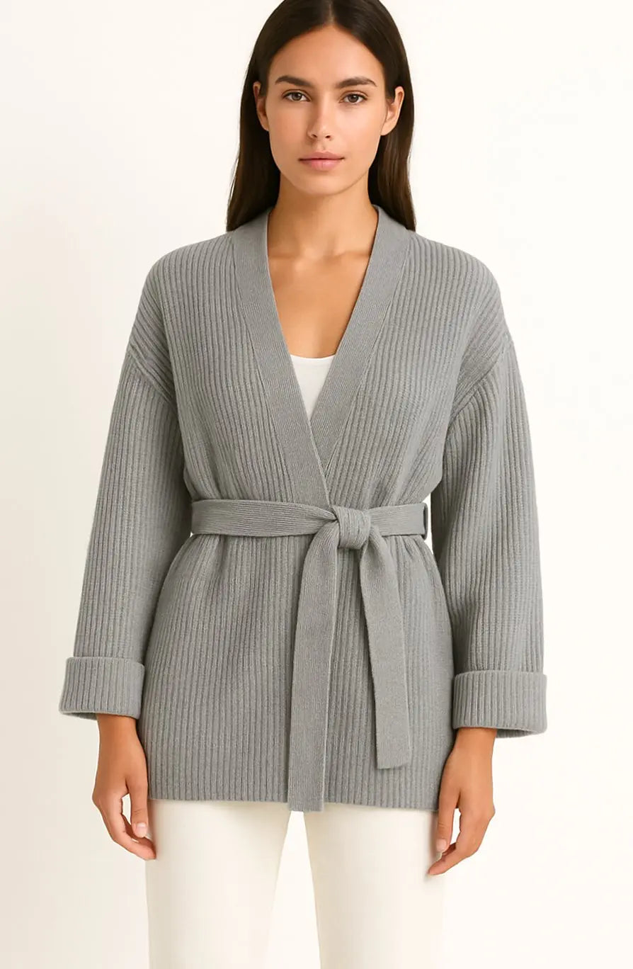 Women's Ribbed Knit Belted Wrap V-Neck Cardigan