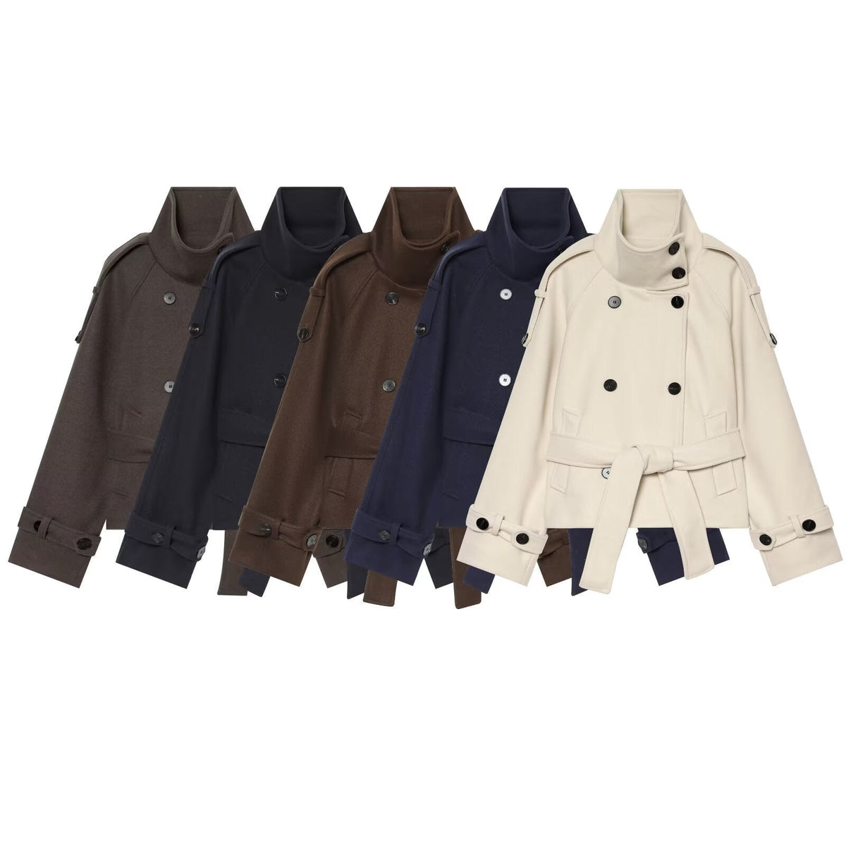 Women's Short Double-Breasted Wool Cape Coat with Stand Collar, Epaulettes, Tie Belt and Pockets