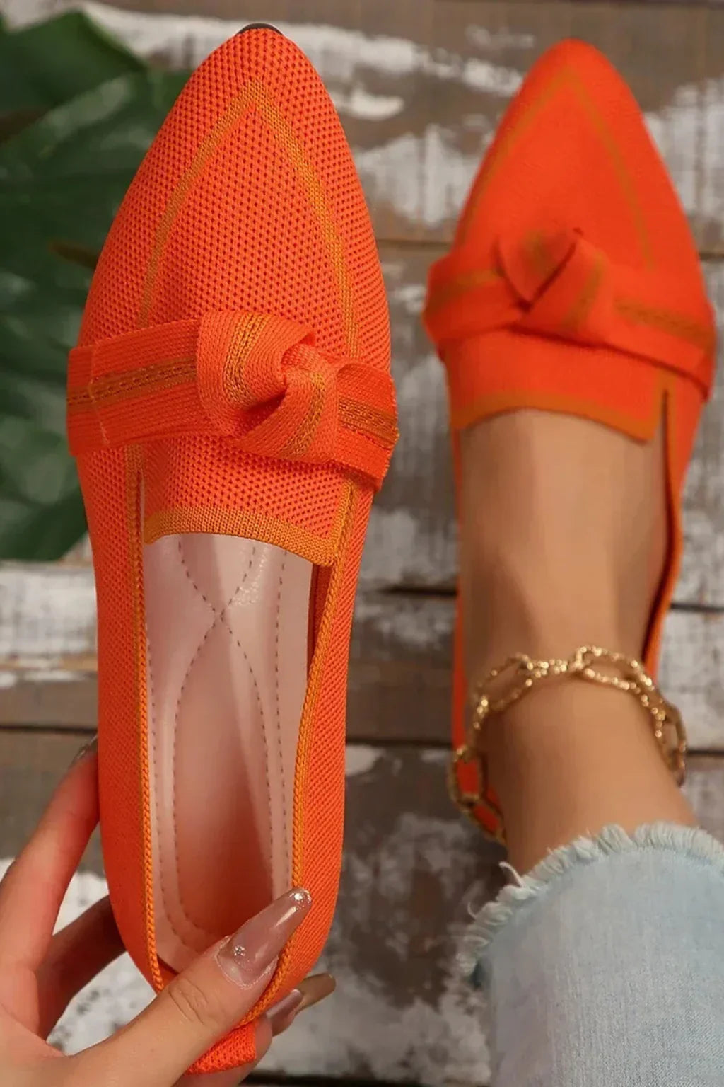 Women's Slip-On Pointed-Toe Knit Bow Loafers with Contrast Trim
