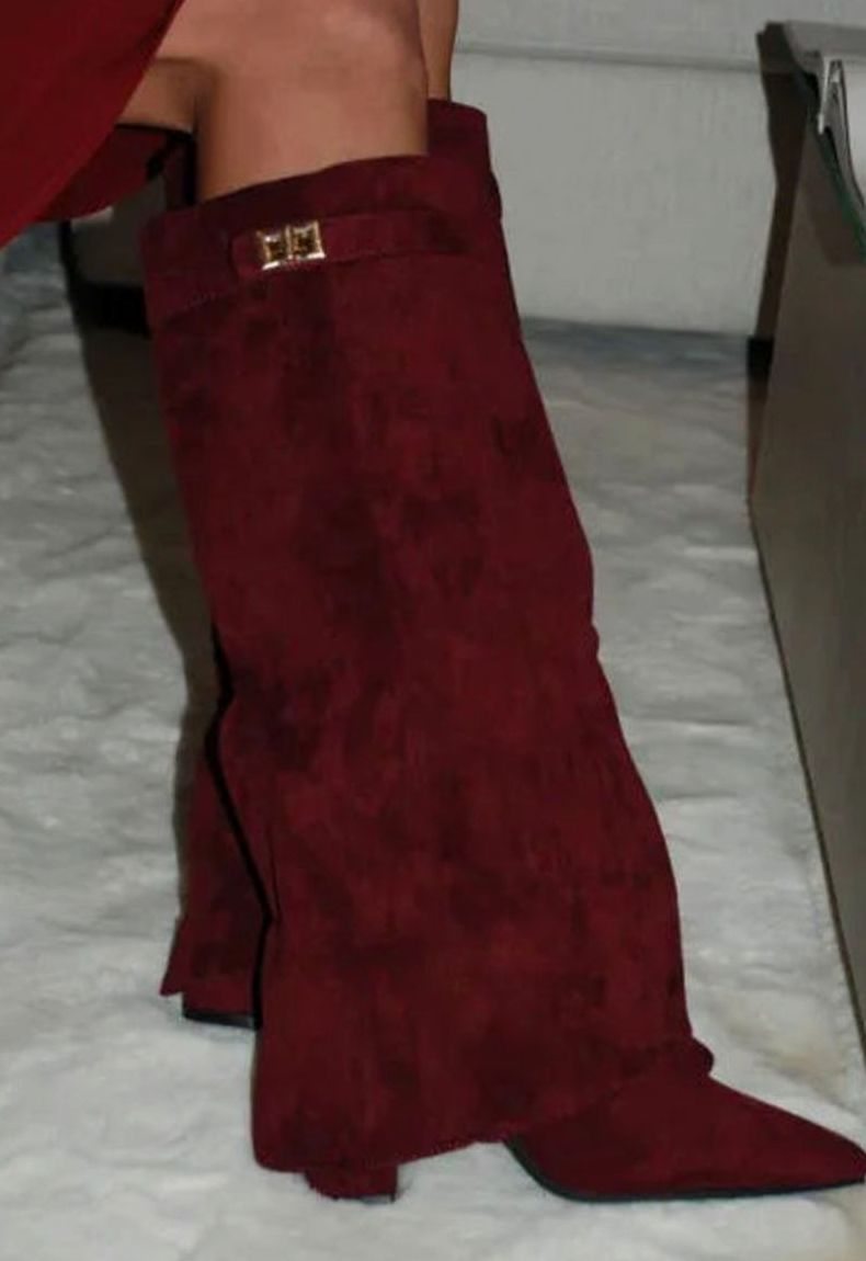 Women's Suede Knee-High Wedge Boots with Buckle Strap