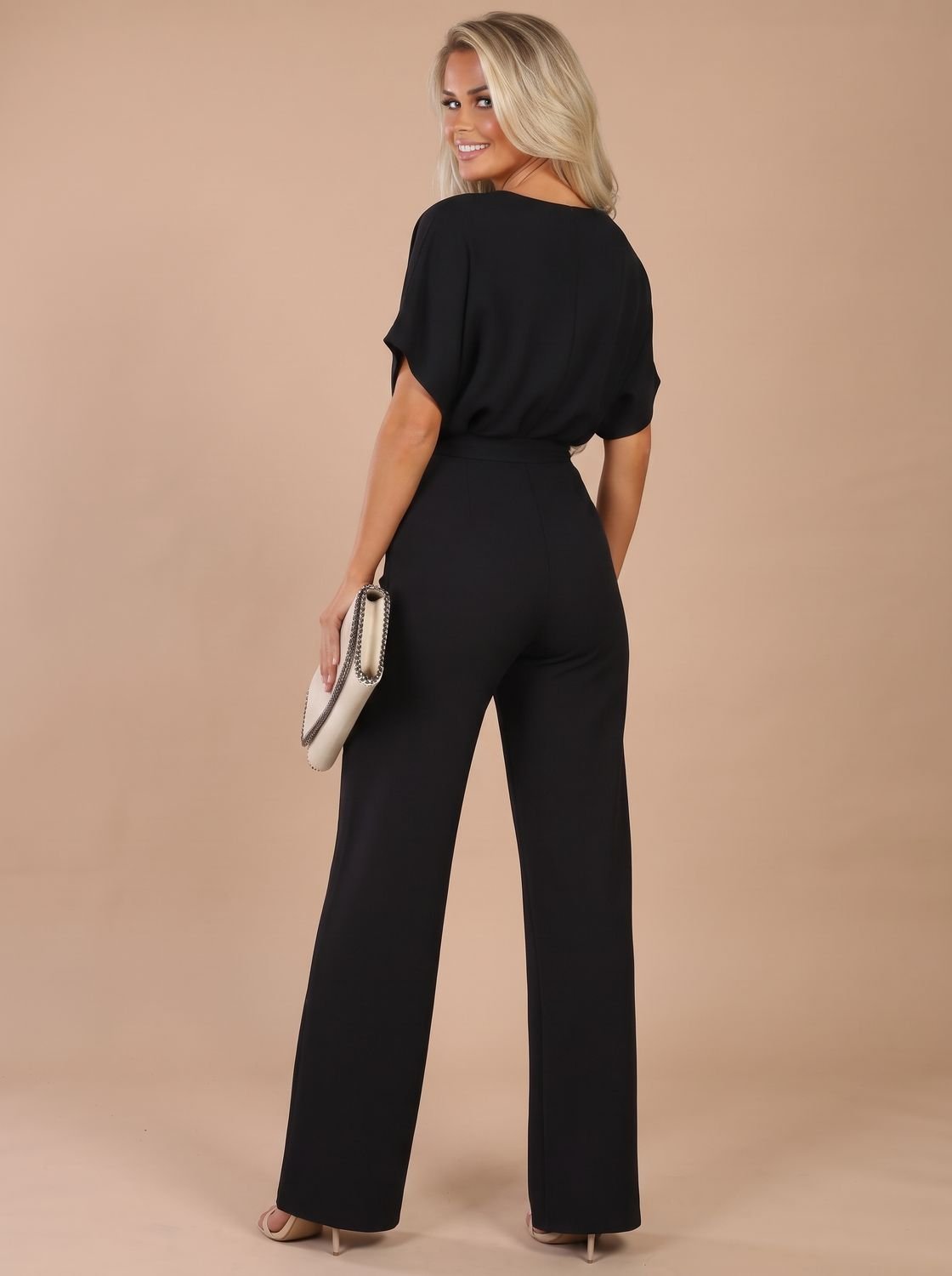 Women's Tie-Belt Wide-Leg Short-Sleeve Jumpsuit