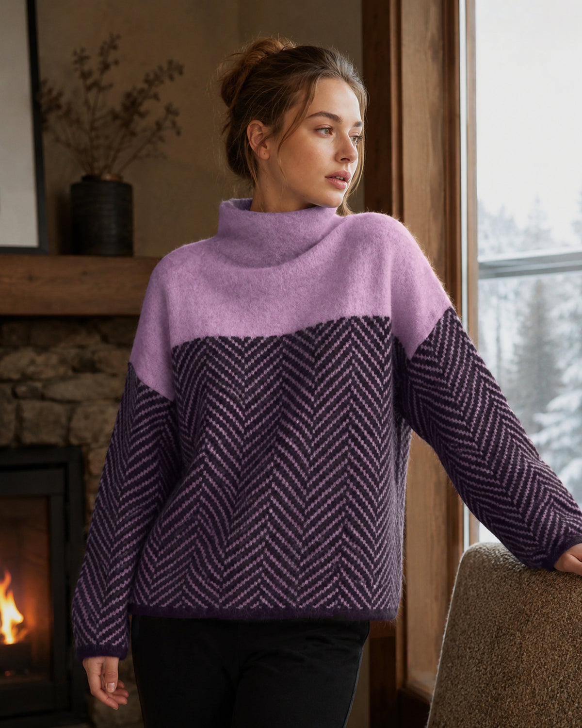 Women's Turtleneck Knit Sweater – Warm Loose-Fit Cashmere Sweater with Trendy Herringbone Pattern