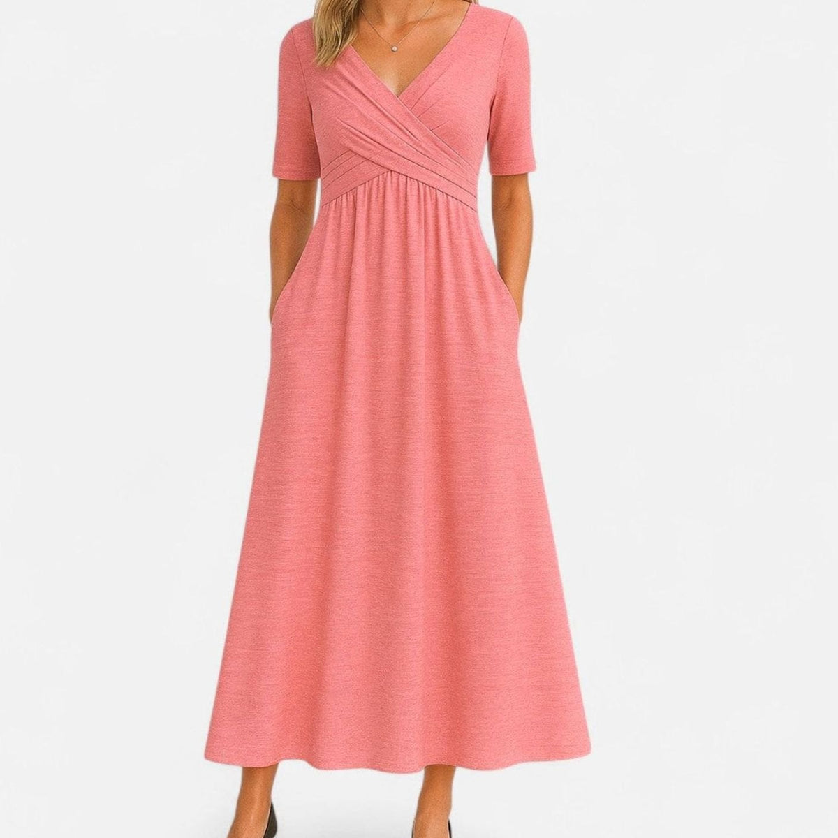 Women's V-Neck Crossover Empire-Waist Midi Dress with Pockets