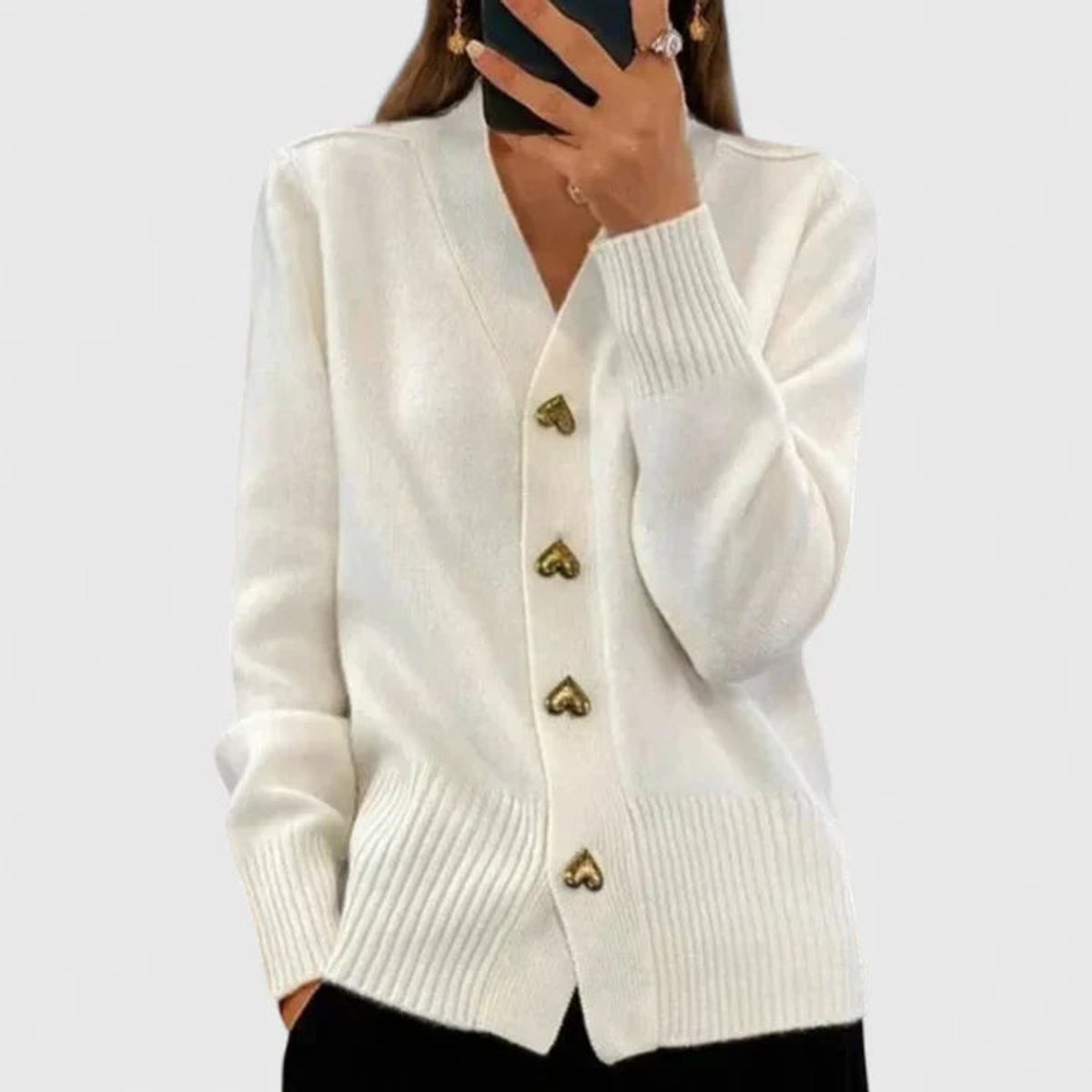 Women's V-Neck Gold Heart-Button Knit Cardigan Sweater