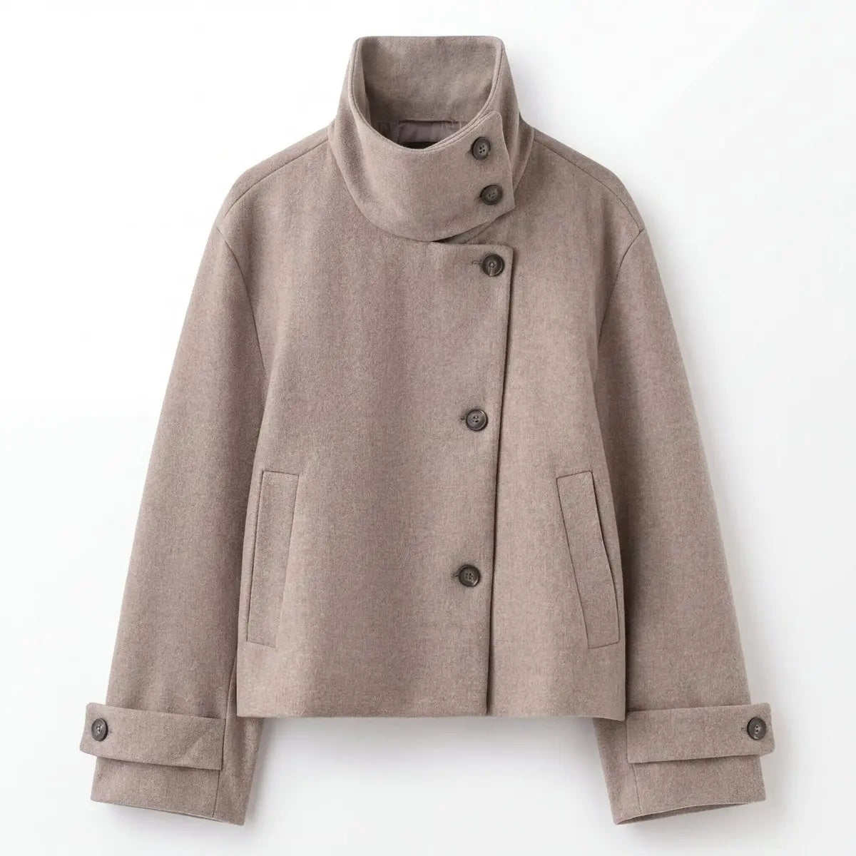 Women's Wool Jacket with Asymmetric Button Closure and Stand Collar