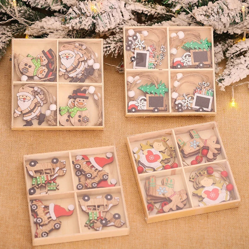 Ensemble de décorations de Noël en bois avec finition vintage en bois naturel et boucles de suspension en ficelle
