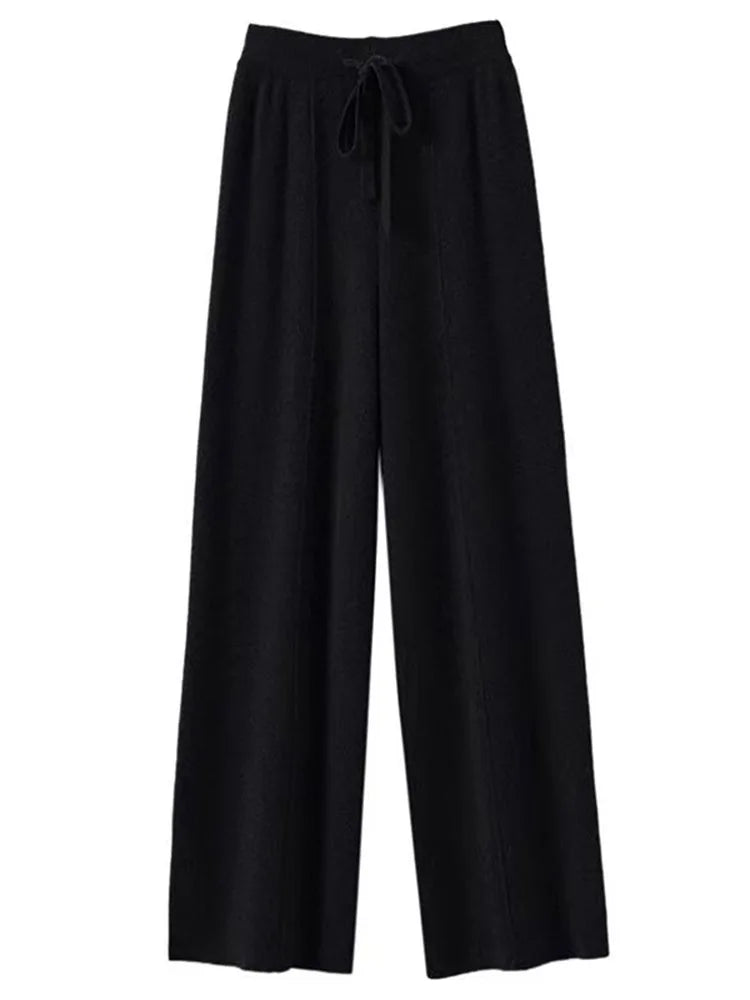 Pantalon tricoté taille haute et jambes larges en cachemire 100 % - Doux et chaud