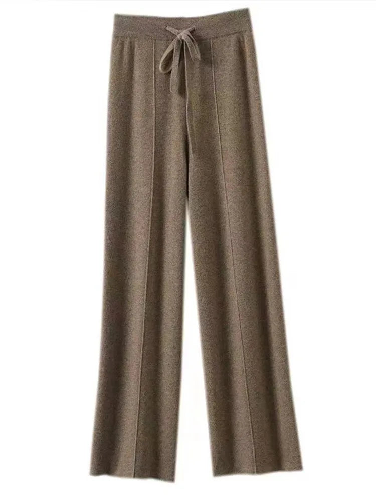 Pantalon tricoté taille haute et jambes larges en cachemire 100 % - Doux et chaud