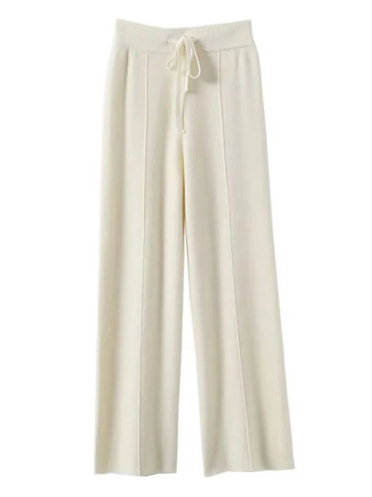 Pantalon tricoté taille haute et jambes larges en cachemire 100 % - Doux et chaud